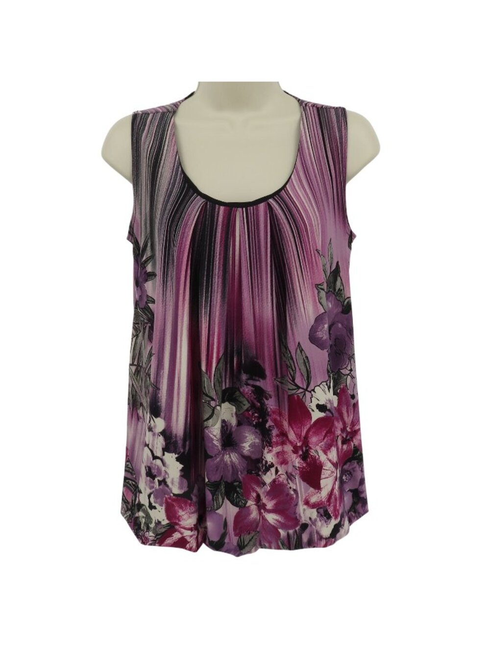 VTG Keren Hart Women Small Purple Black Hibiscus Flower Bubble Hem Shirt Top 00s